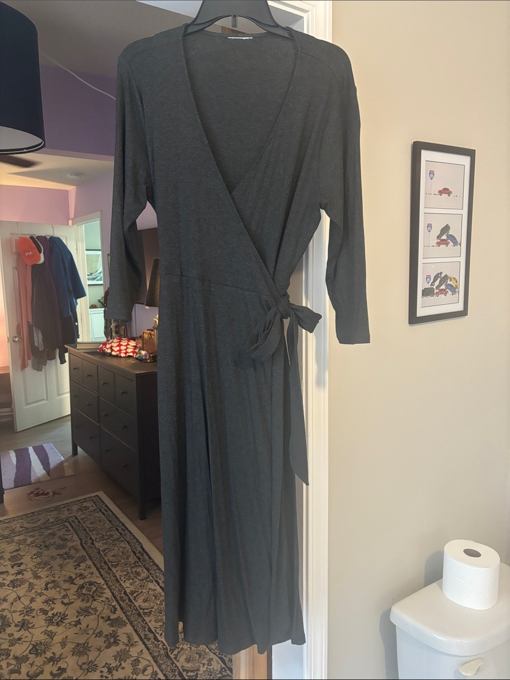 Women's Charcoal Wrap Dress - Classic Long Sleeve
